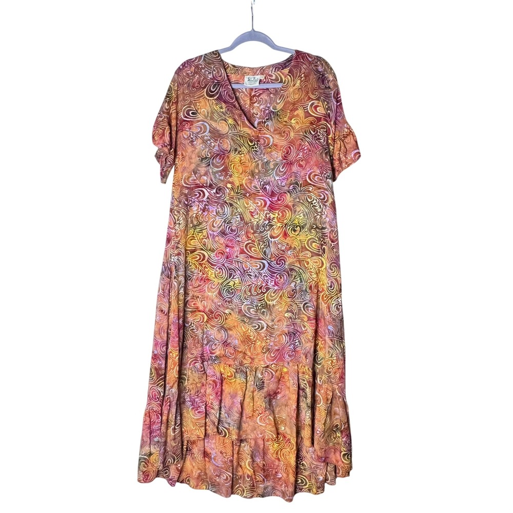 Go Fish Batik Maxi Dress Womens S Colorful Ruffle Sleeve Boho Artsy Art Pockets